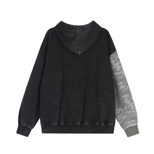 Unisex Oversize-Kapuzen-Zipjacke mit Camouflage-Ärmel, Washed‑Effekt und erhabener Frontstickerei Shop Nory