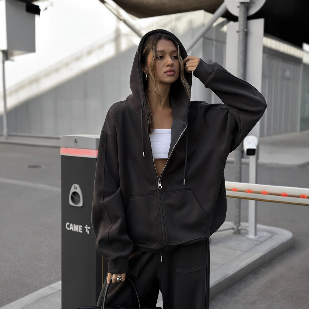 Damen oversized Kapuzenjacke mit Reißverschluss und lässiger Cargo-Loungehose Shop Nory