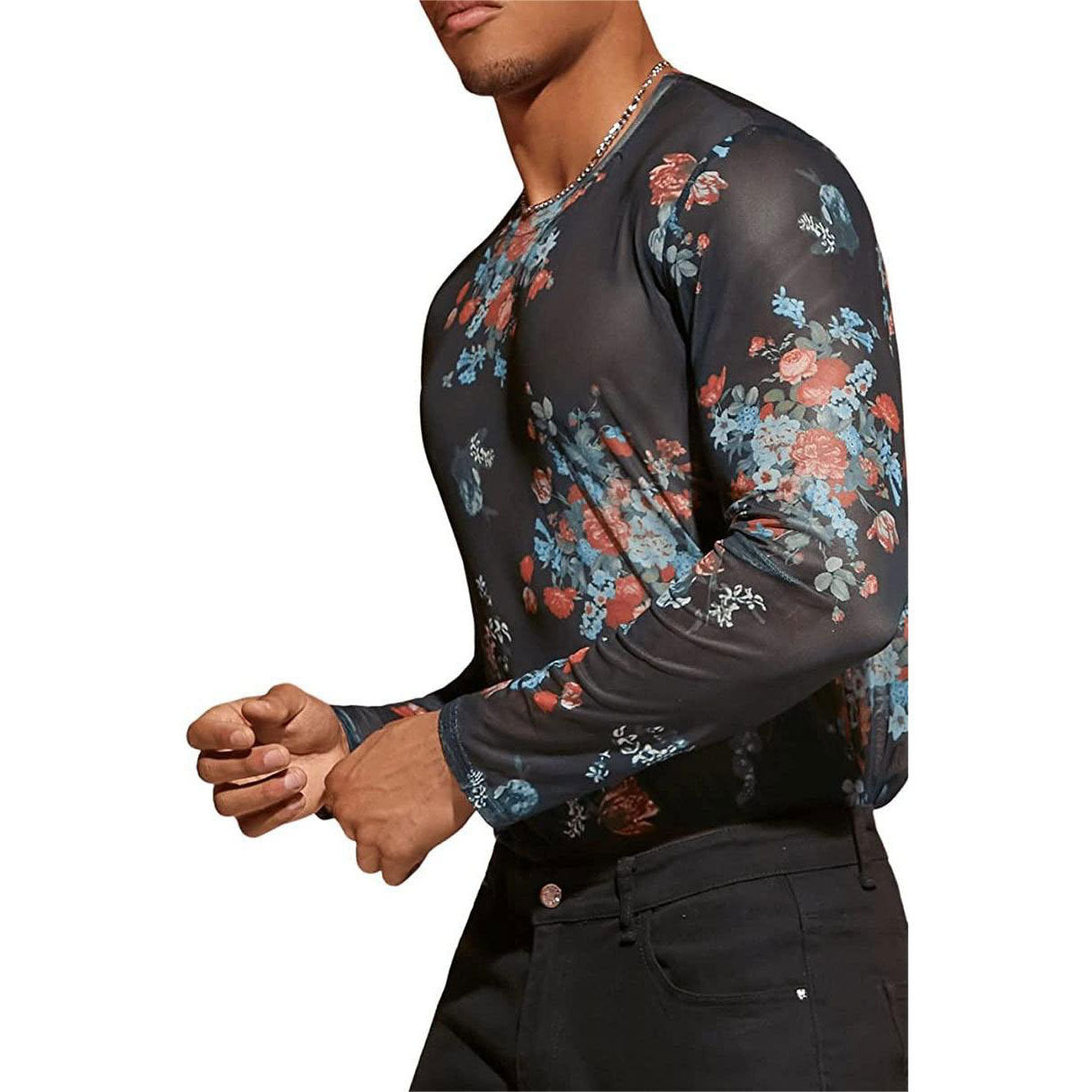 Herren Langarmshirt mit floralem Muster und transparentem Stoff
