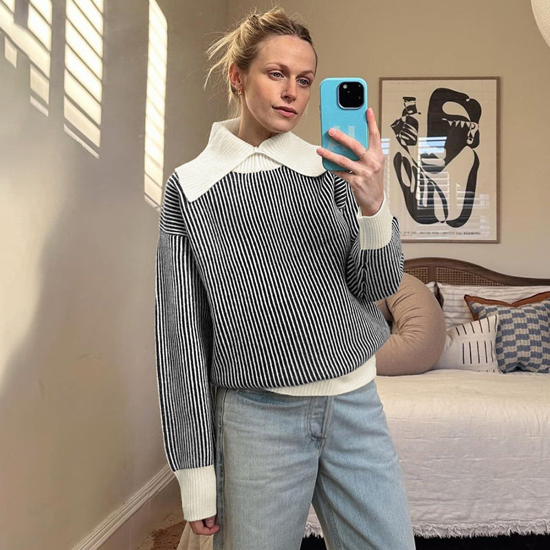 Damen Gestreifter Strickpullover mit übergroßem Kontrastkragen Shop Nory