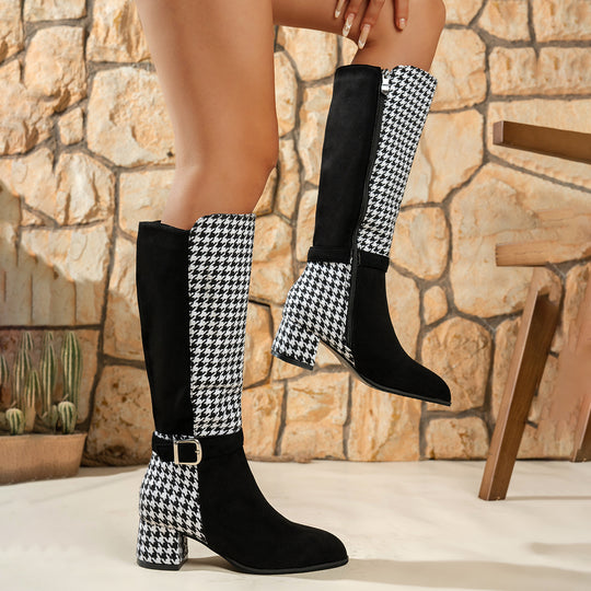 Damen kniehohe Stiefel mit Hahnentritt-Schaft, seitlichem Reißverschluss und komfortablem Blockabsatz Shop Nory