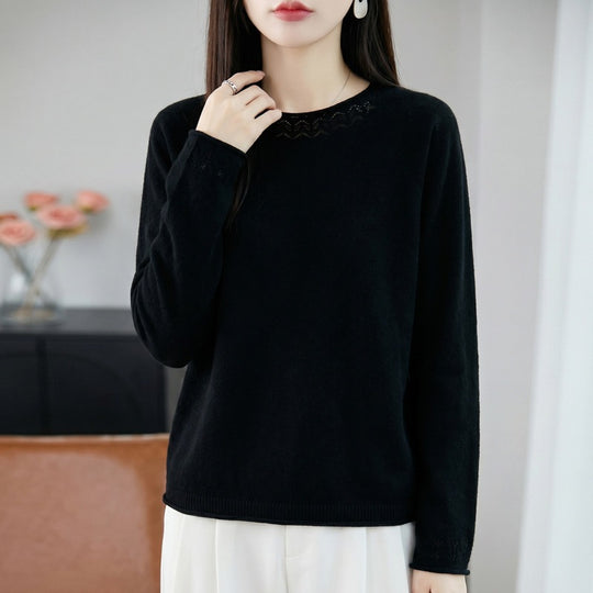 Damen Leichter Feinstrick-Rundhalspullover mit Ajourspitzen‑Detail und legerer Silhouette Shop Nory