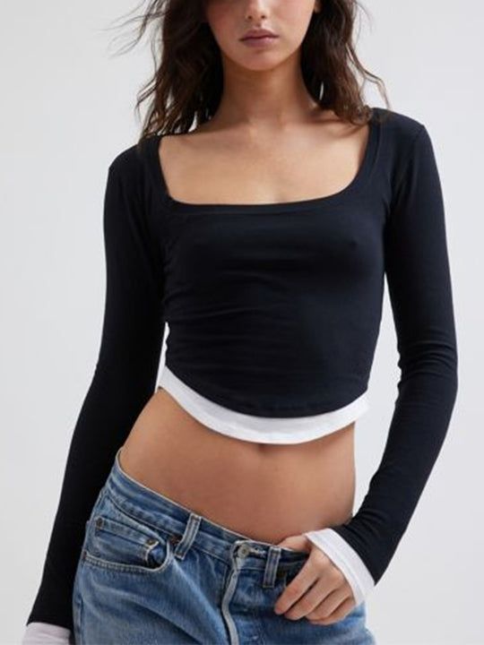 Damen Cropped-Langarmshirt mit eckigem Ausschnitt und kontrastbündchen Shop Nory