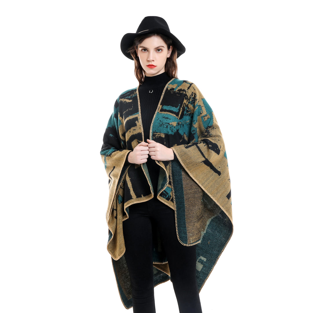 Damen Oversize-Umhangruana aus Wollmix mit abstraktem Jacquard und Zierstichkante Shop Nory