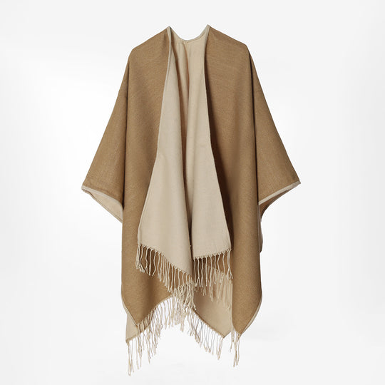 Damen Zweilagiger Oversize-Cape mit Fransen und offenem Wasserfall-Schnitt Shop Nory