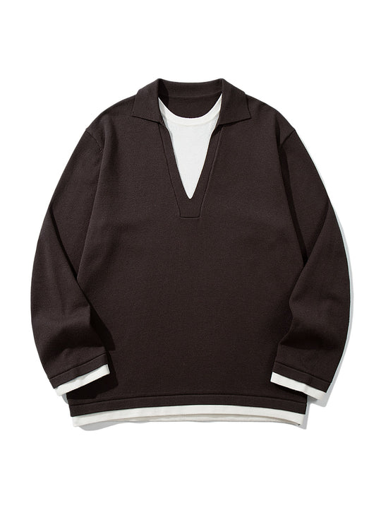 Unisex Lässiger Oversize Strickpullover mit tiefem V Einsatz und Hemd‑Layer Optik Shop Nory