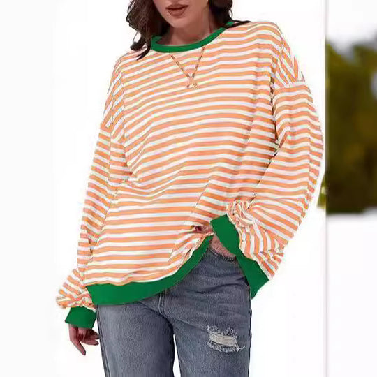 Damen Gestreifter Oversize Pullover mit Kontrastbündchen Shop Nory
