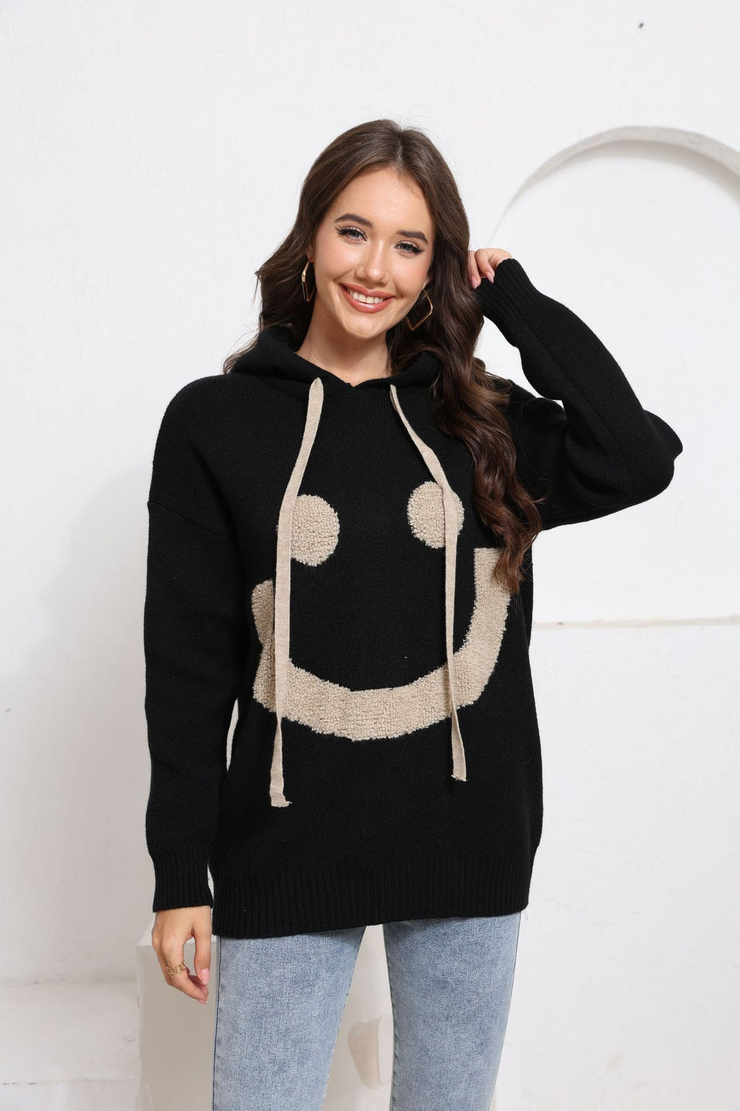 Damen Gemütlicher Kapuzenpullover mit Smiley-Design Shop Nory