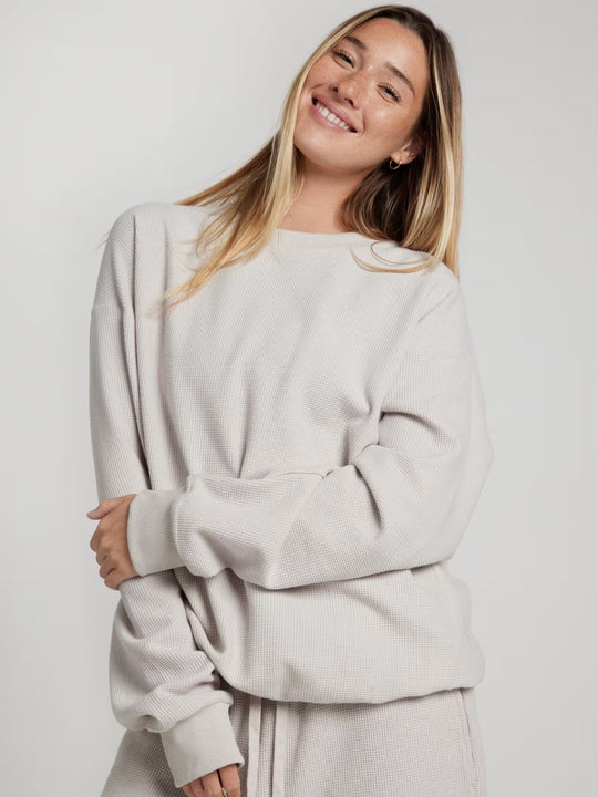 Damen geräumiges Waffelstrick-Loungewear-Set mit Rundhalsausschnitt und Tunnelzughose Shop Nory