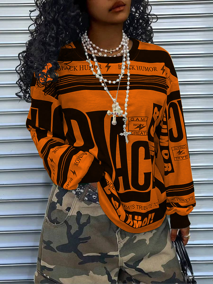 Damen Oversize‑Longsleeve Sweatshirt mit Allover‑Grafik, Rundhalsausschnitt und gerippten Bündchen Shop Nory
