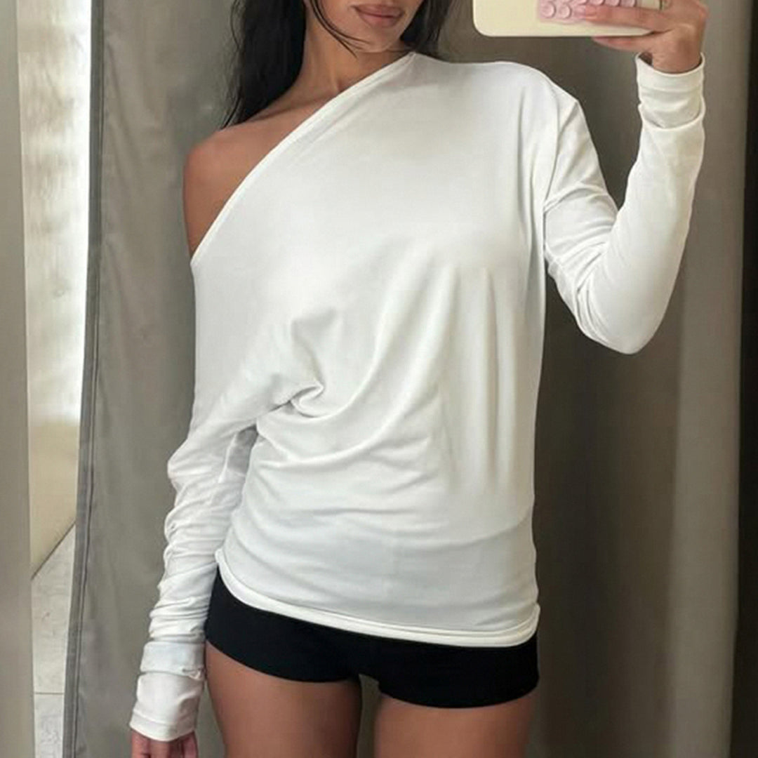 Damen nan asymmetrisches Off-Shoulder Longsleeve mit taillierter Silhouette und Daumenloch-Ärmeln Shop Nory