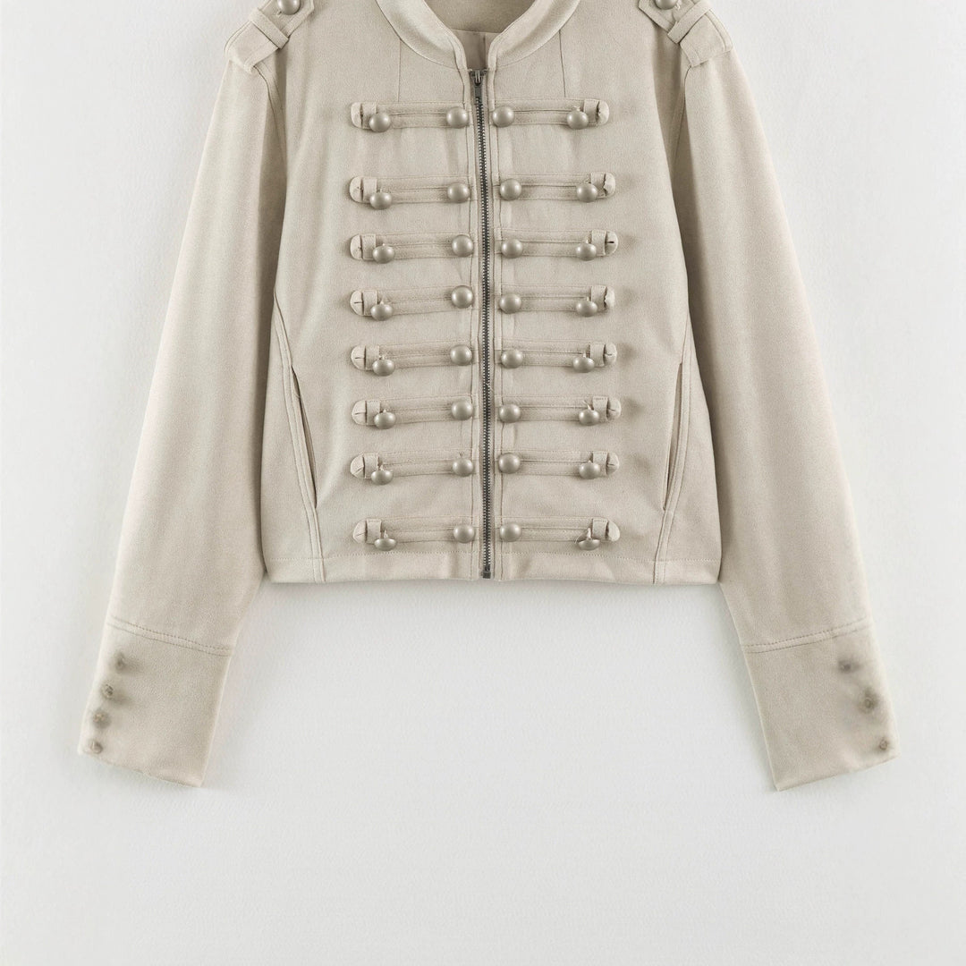 Damen Kurze Military-Jacke mit Zierknopfleiste und Stehkragen Shop Nory