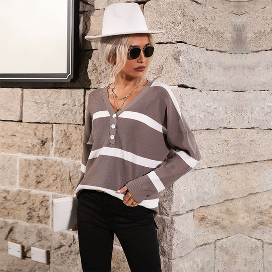 Damen Oversize V-Ausschnitt Strickpullover mit Knopfleiste und Blockstreifen Shop Nory