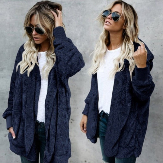 Damen Kuschelige Teddy‑Fleece‑Cardigan mit Kapuze, Oversize‑Schnitt und aufgesetzten Taschen Shop Nory