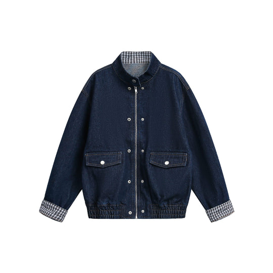 Damen Oversize-Denimjacke mit Stehkragen und Karo-Futter Shop Nory