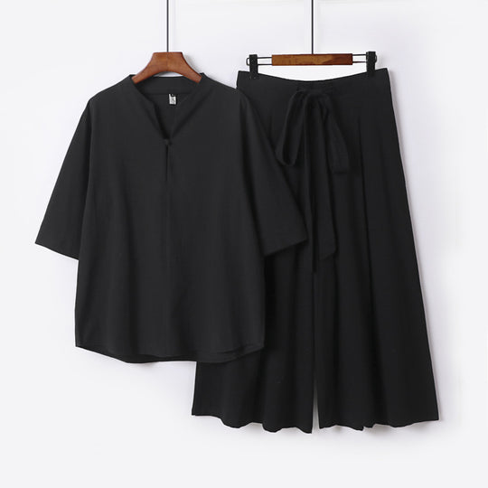 Damen Lässiges Leinen-Viskose Lounge-Set mit Stehkragen-Oberteil und weiten Palazzo-Hose Shop Nory
