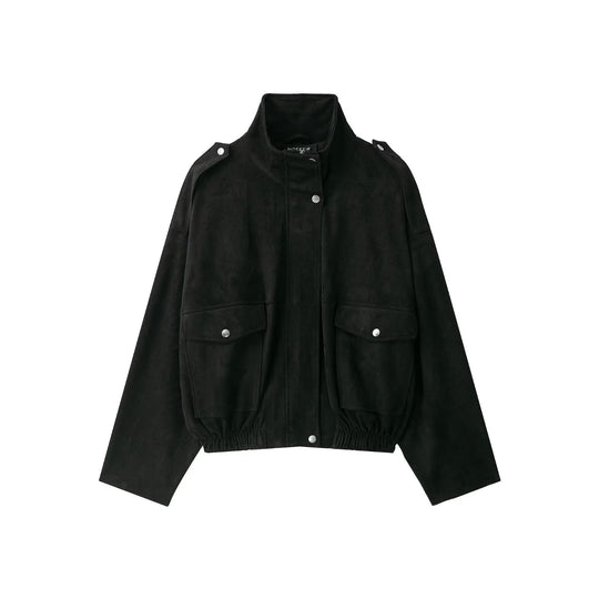 Damen Kurzgeschnittene Bomberjacke aus Veloursimitat im Utility‑Look mit Funnelkragen und Klappentaschen Shop Nory