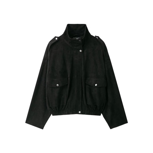 Damen Kurzgeschnittene Bomberjacke aus Veloursimitat im Utility‑Look mit Funnelkragen und Klappentaschen Shop Nory