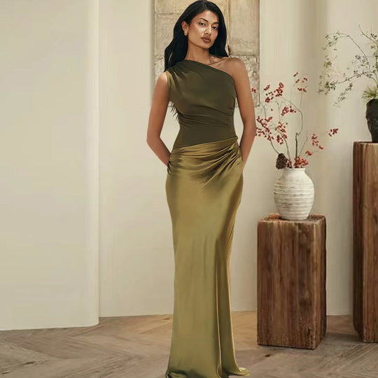 Damen Elegantes Asymmetrisches Abendkleid mit schimmerndem Satin Shopnory