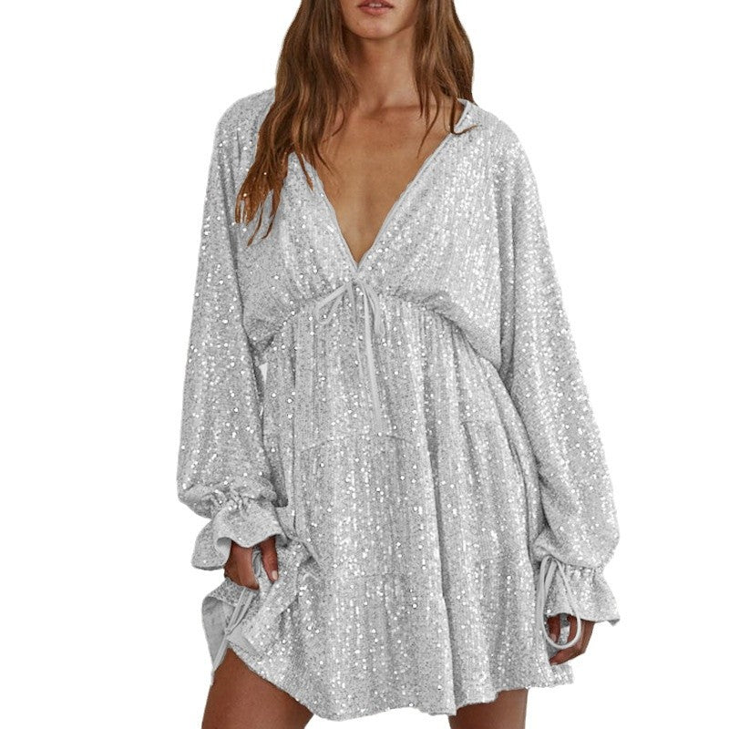 Damen Funkelndes Festkleid mit V-Ausschnitt und Rüschendetails