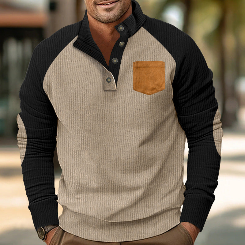 Herren Geripptes Henley‑Pullover mit Raglanärmeln, Ellenbogen‑Patches & Brusttasche Shop Nory