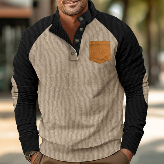 Herren Geripptes Henley‑Pullover mit Raglanärmeln, Ellenbogen‑Patches & Brusttasche Shop Nory