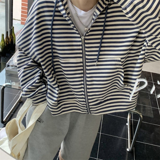 Damen gestreifter Zip-Hoodie mit lässigem Schnitt und tiefem Kragen