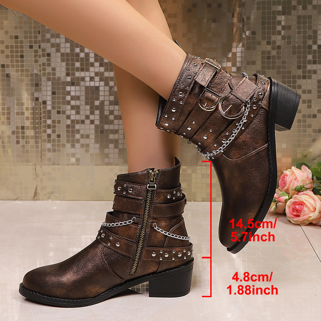 Damen Nietenbesetzte Stiefelette mit Ketten‑ und Schnallen‑Details Shop Nory