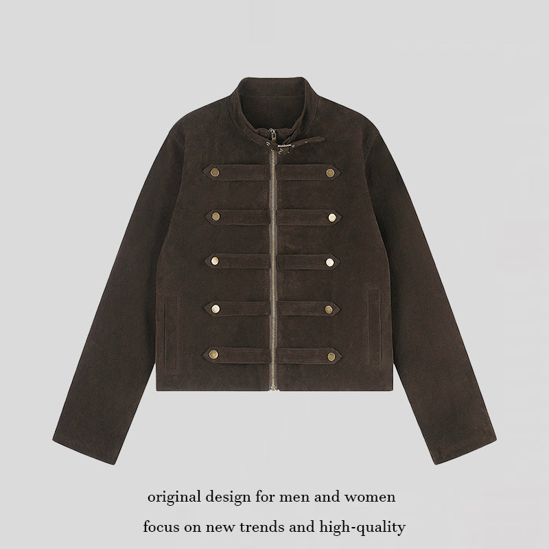 Damen Kurzjacke aus Veloursleder im militärischen Stil mit Stehkragen und Zierriegeln Shop Nory