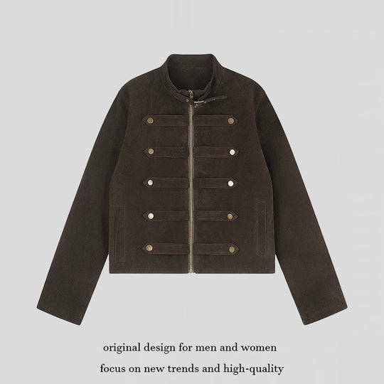 Damen Kurzjacke aus Veloursleder im militärischen Stil mit Stehkragen und Zierriegeln Shop Nory