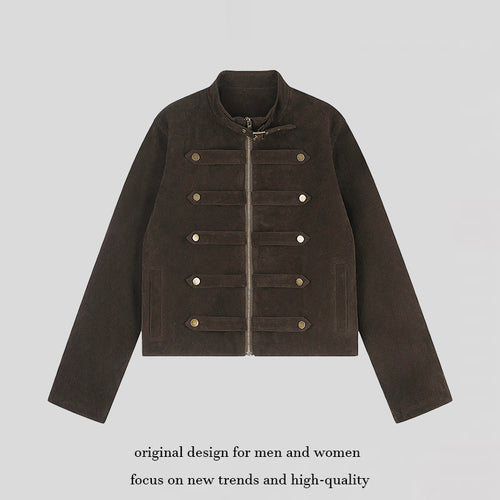 Damen Kurzjacke aus Veloursleder im militärischen Stil mit Stehkragen und Zierriegeln Shop Nory