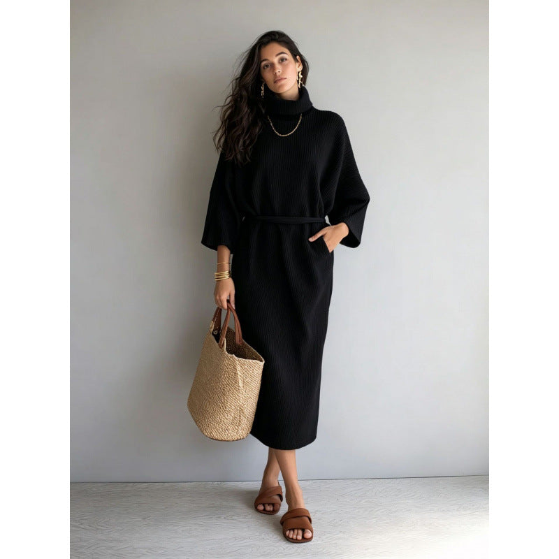 Damen Midikleid aus Rippstrick mit Rollkragen, Bindegürtel und Eingrifftaschen Shop Nory