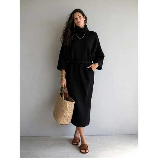 Damen Midikleid aus Rippstrick mit Rollkragen, Bindegürtel und Eingrifftaschen Shop Nory