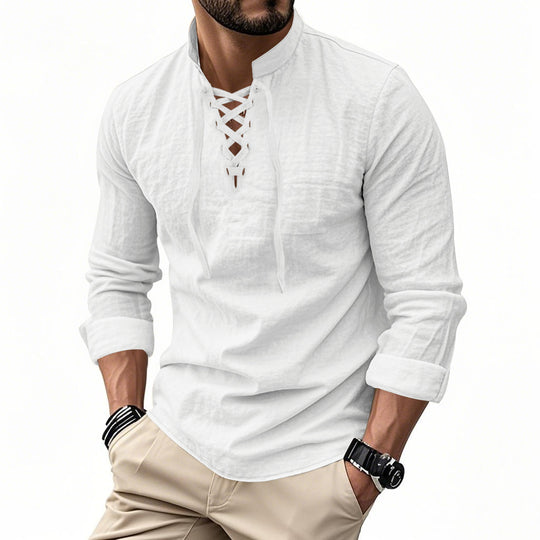 Herren nan Leinenoptik Langarmshirt mit Schnürung V-Ausschnitt und Stehkragen Shop Nory
