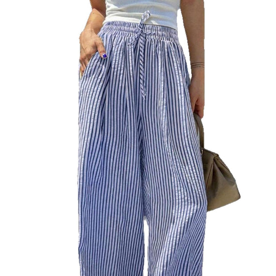Damen Marlene-Streifenhose aus Leinenmix mit weitem Bein, Elastikbund und Kordelzug Shop Nory