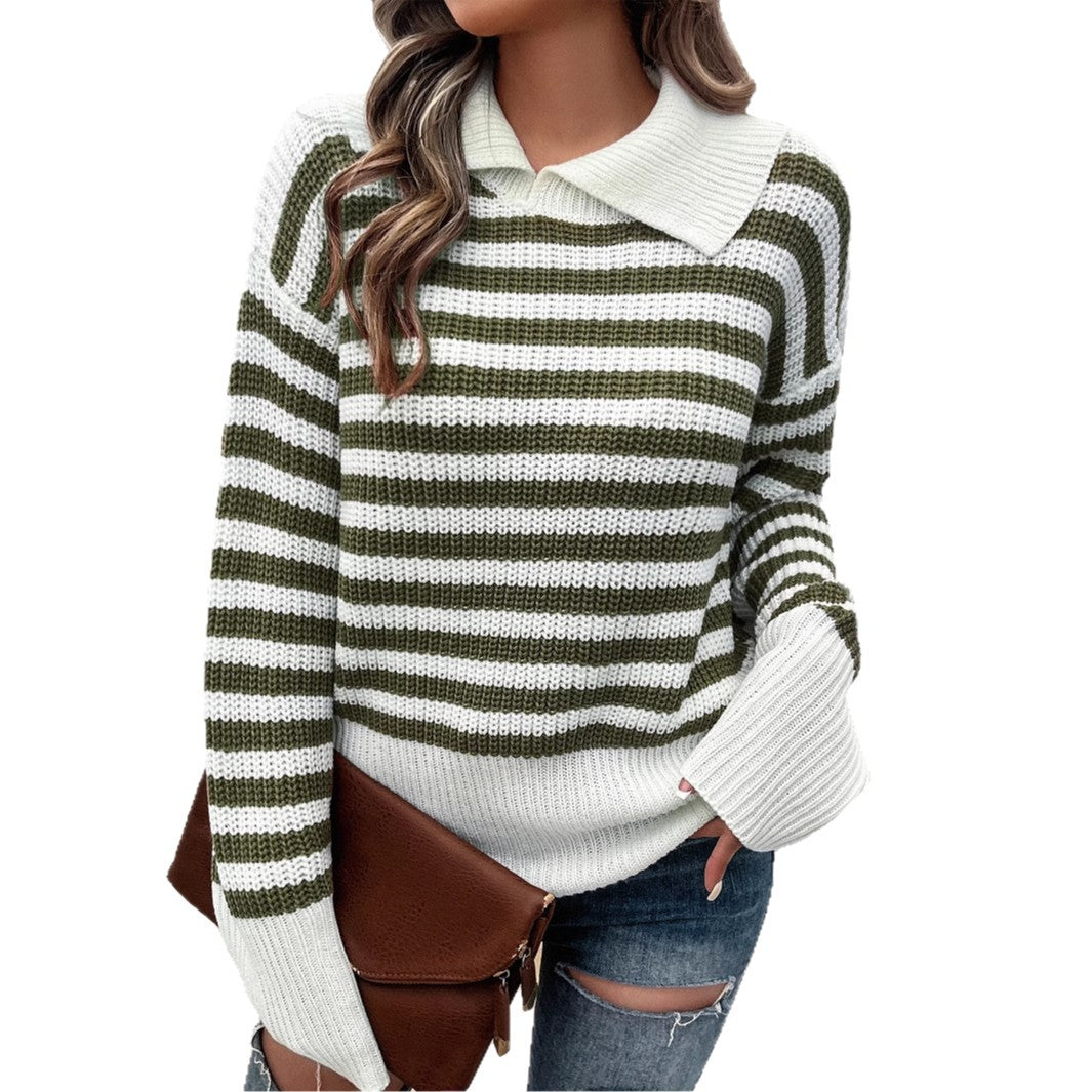 Damen nan gestreifter Polokragen-Strickpullover mit weitem Saum und ausgestellten Bündchen Shop Nory