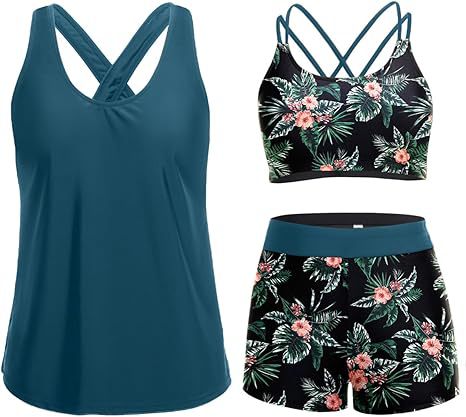 Damen Sportliches Tankini-Set mit floralem Oberteil und Shorts