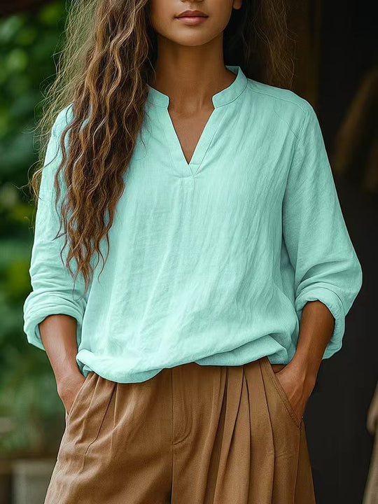 Damen Casual Tunika-Bluse in Leinenoptik mit kleinem Stehkragen und V‑Schlitz Shop Nory