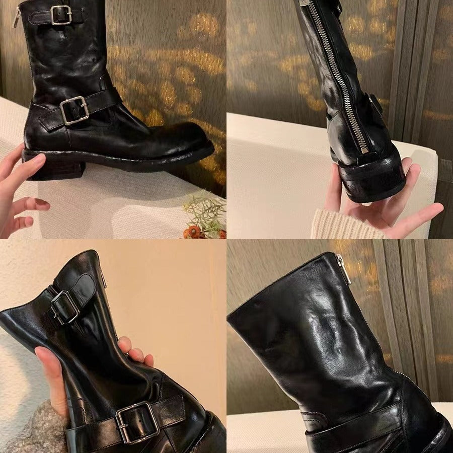 Damen Wadenhohe Biker‑Stiefel aus Glattleder mit Doppelgurt und Rückreißverschluss Shop Nory