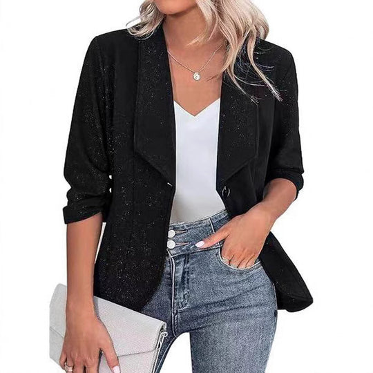 Damen Eleganter Glitzer-Blazer mit Wasserfall‑Revers, tailliertem Schnitt und 3/4‑Ärmeln Shop Nory