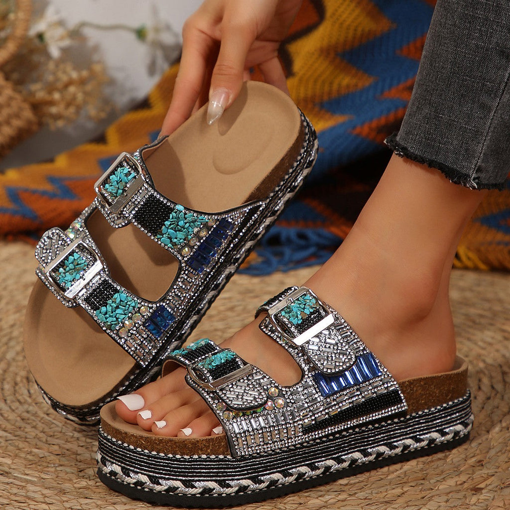 Damen Dekorative Zehentrenner-Sandalen mit breiten Riemen und funkelnden Akzenten