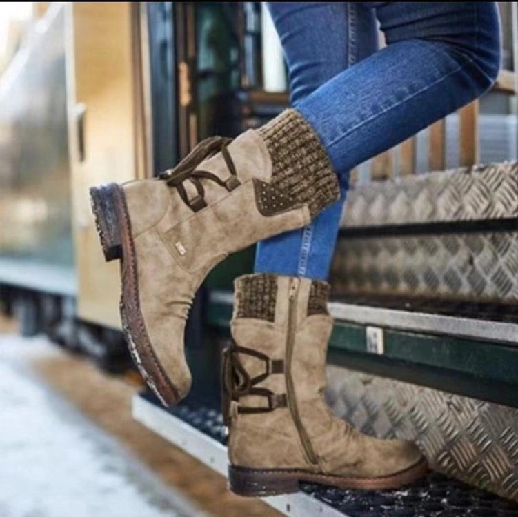 Damen Mid-Cut Stiefel mit Strickmanschette, Zierkordel und Veloursoptik Shop Nory