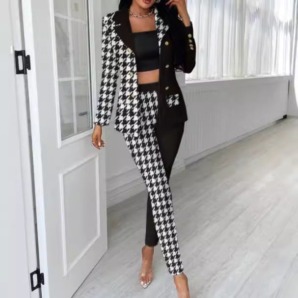 Damen Asymmetrisches Hahnentritt-Tailoring-Set mit Zweifarbiger Halb-Detailierung Shop Nory