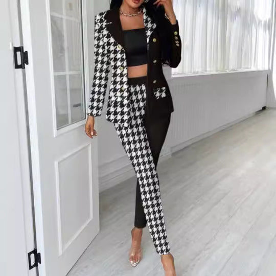 Damen Asymmetrisches Hahnentritt-Tailoring-Set mit Zweifarbiger Halb-Detailierung Shop Nory