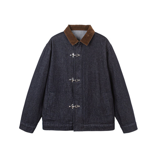 Unisex Boxy-Jeansblouson mit Velourskragen und markanten Karabinerverschlüssen Shop Nory