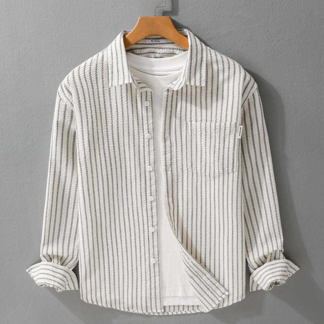 Herren Gestreiftes Relaxed-Overshirt aus strukturiertem Baumwollmix mit Brusttasche Shop Nory
