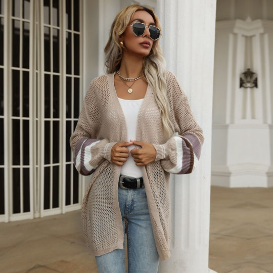 Damen Longline-Netzstrick-Cardigan mit Ballonärmeln und Blockstreifen Shop Nory