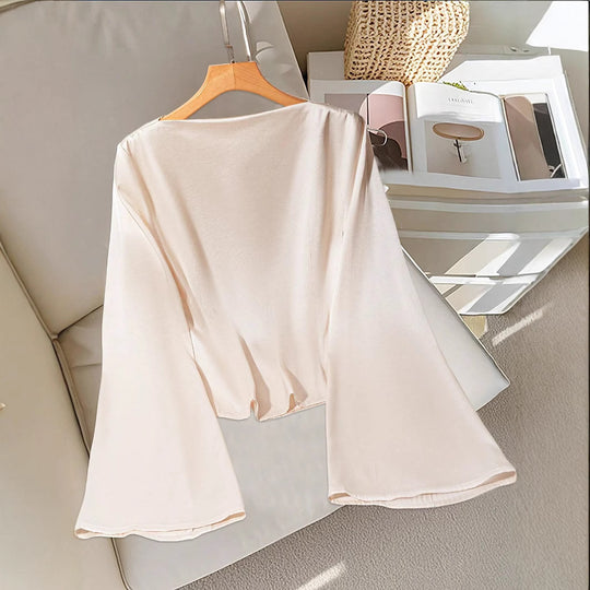 Damen Drapiertes Satin-Top mit Wasserfallkragen & Volantsärmeln Shop Nory