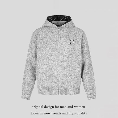 Damen Zip-Kapuzen-Strickjacke mit gepunkteter Kapuzenfütterung und Sternchen-Stickerei Shop Nory