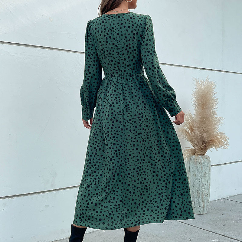 Damen Midikleid im Retro-Pünktchen-Design mit Wickeloptik, V-Ausschnitt und tailliertem Bindegürtel Shop Nory